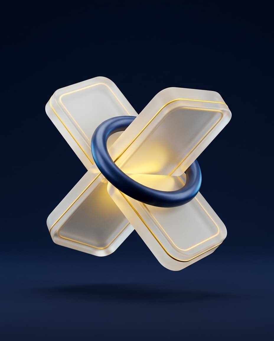 Objet sculptural en verre et chrome au cœur lumineux jaune doré, symbole d'un logiciel en cours d'assemblage
