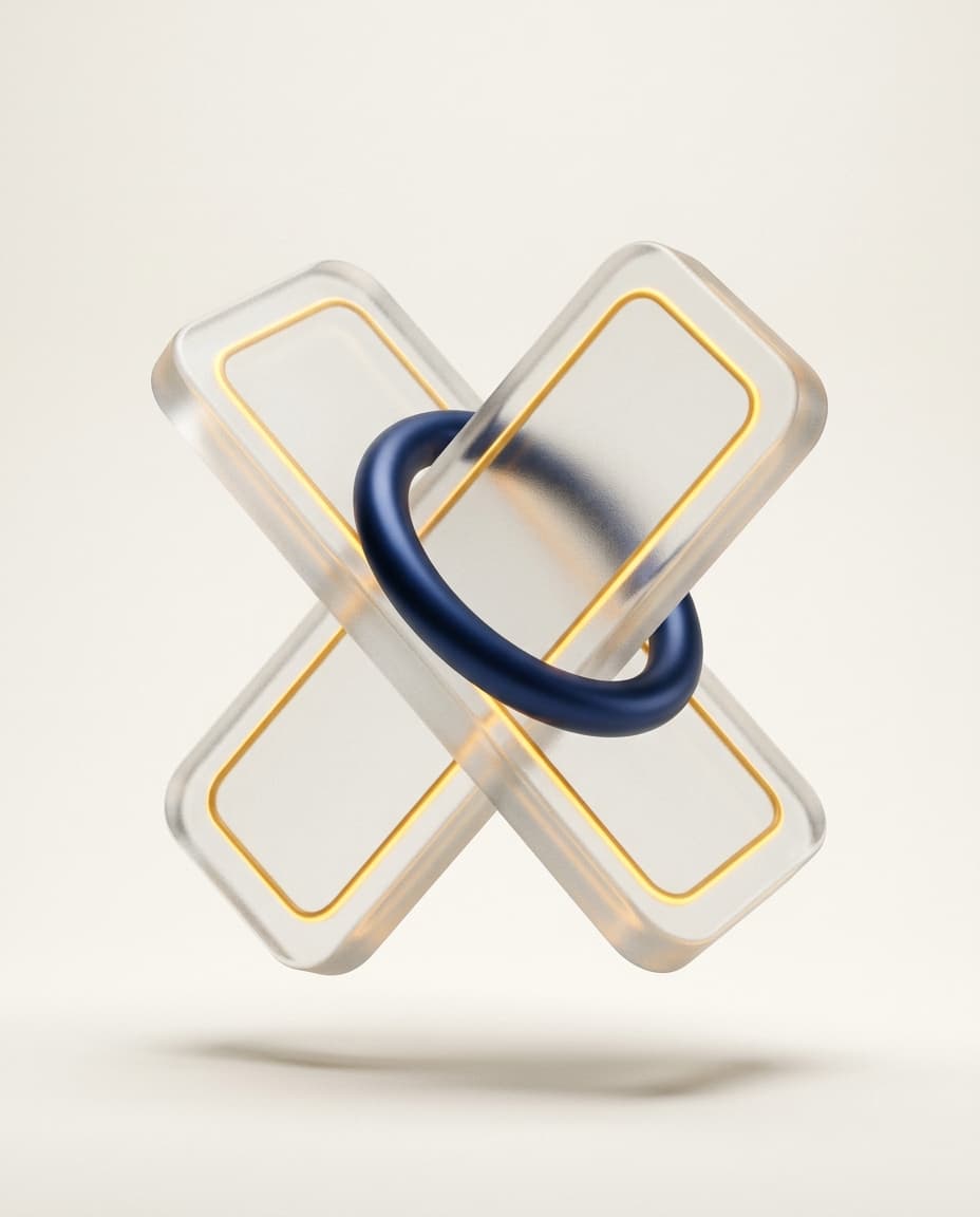 Objet sculptural en verre et chrome au cœur lumineux jaune doré, symbole d'un logiciel en cours d'assemblage